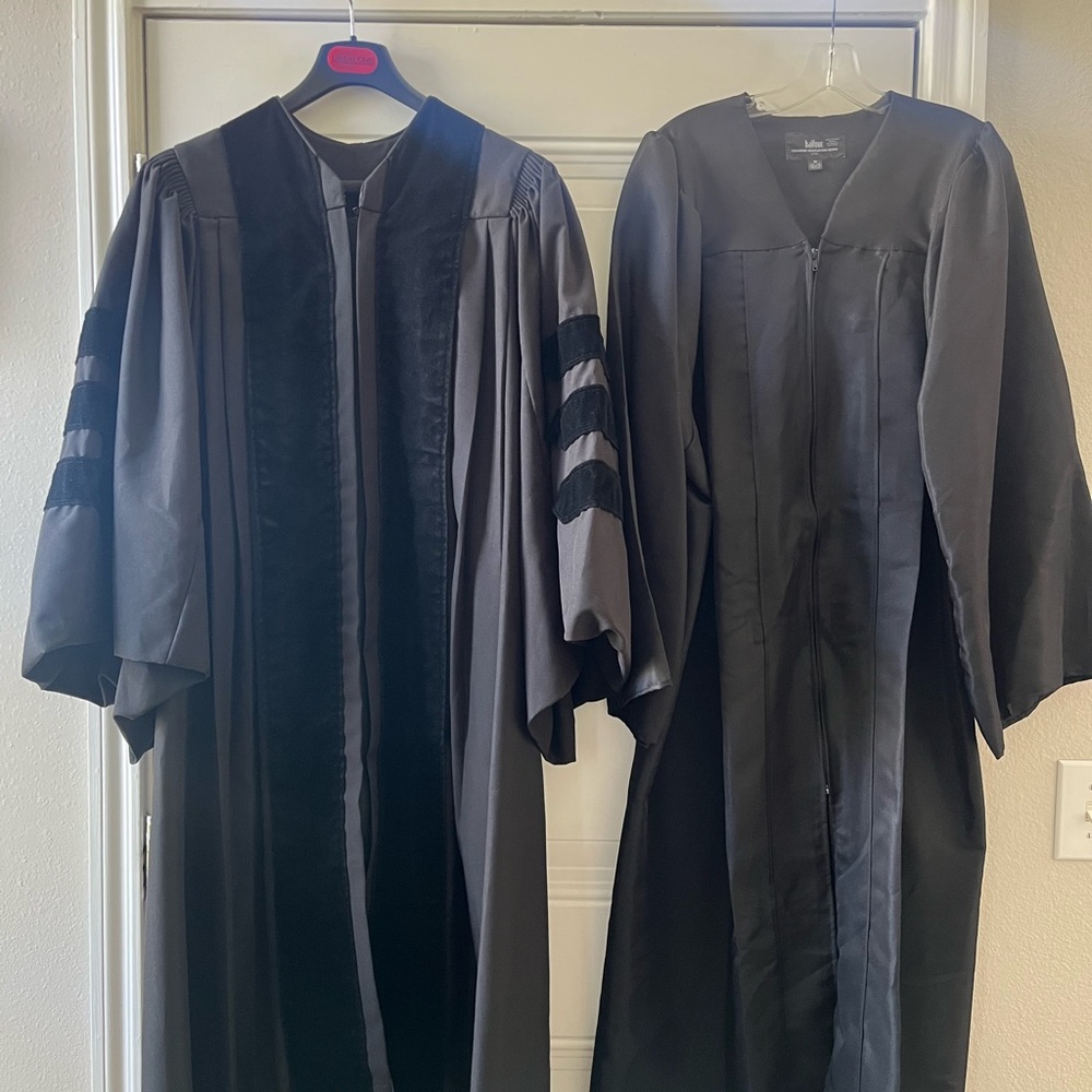 Doctoral Academic Gown + Balfour Graduation Gown Set Black Velvet Panels w/ Cap